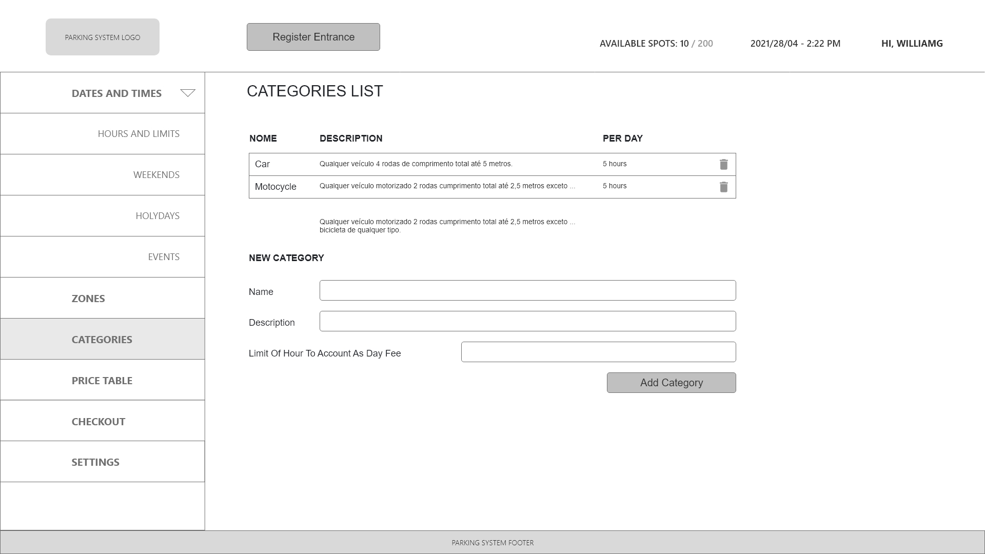 Parking Lot System Category screen wireframe