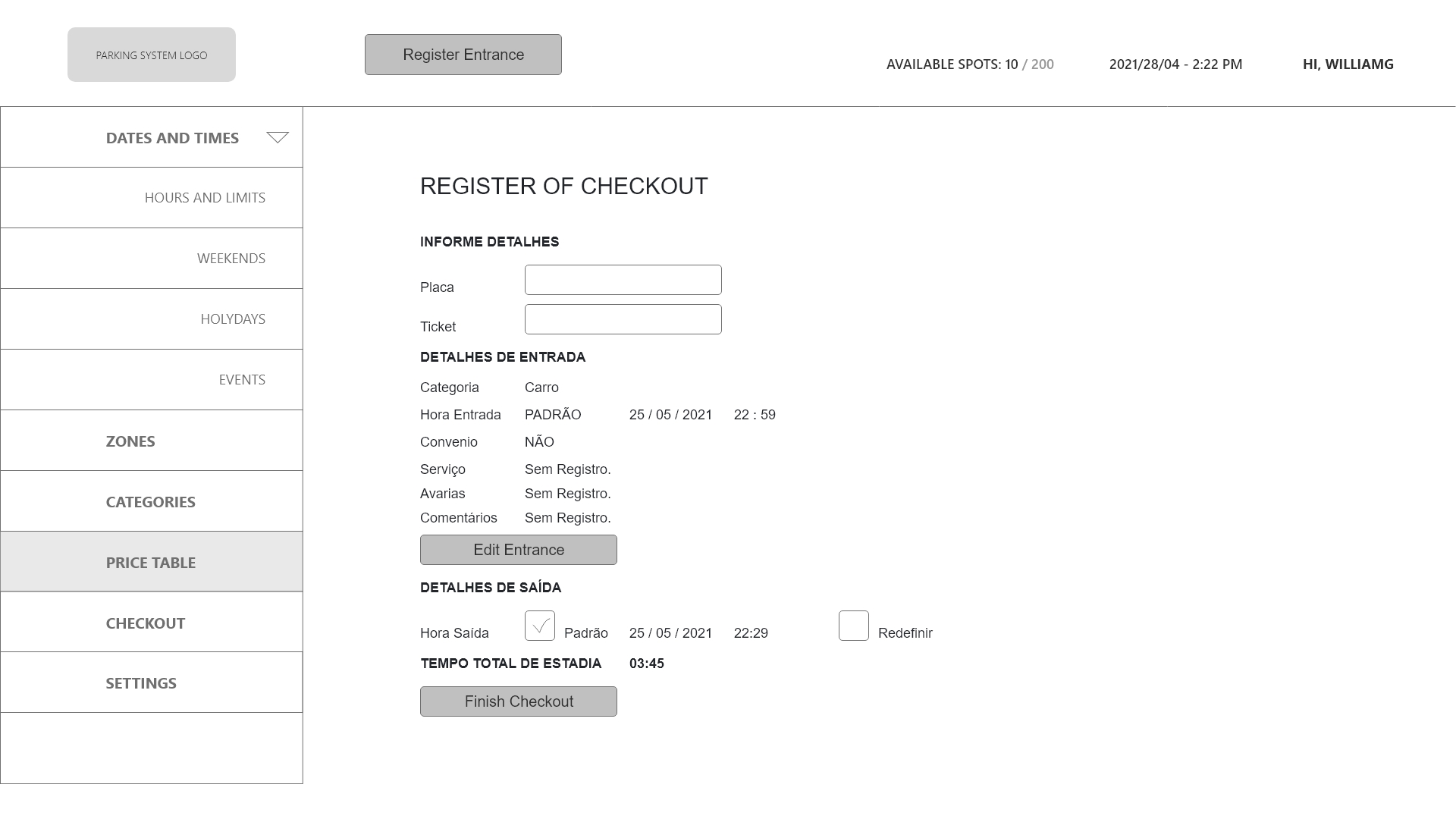 Parking Lot System Checkout Register screen wireframe