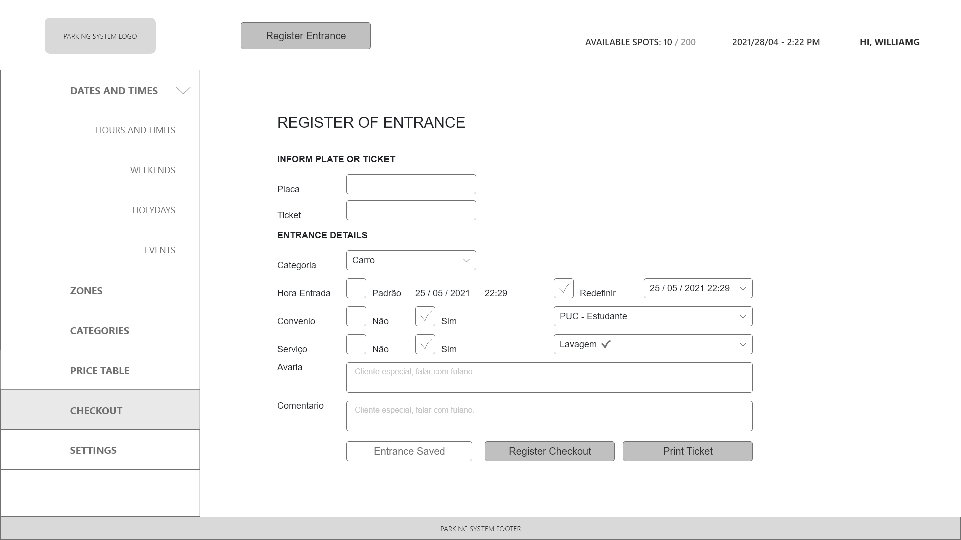 Parking Lot System Entrance Register screen wireframe