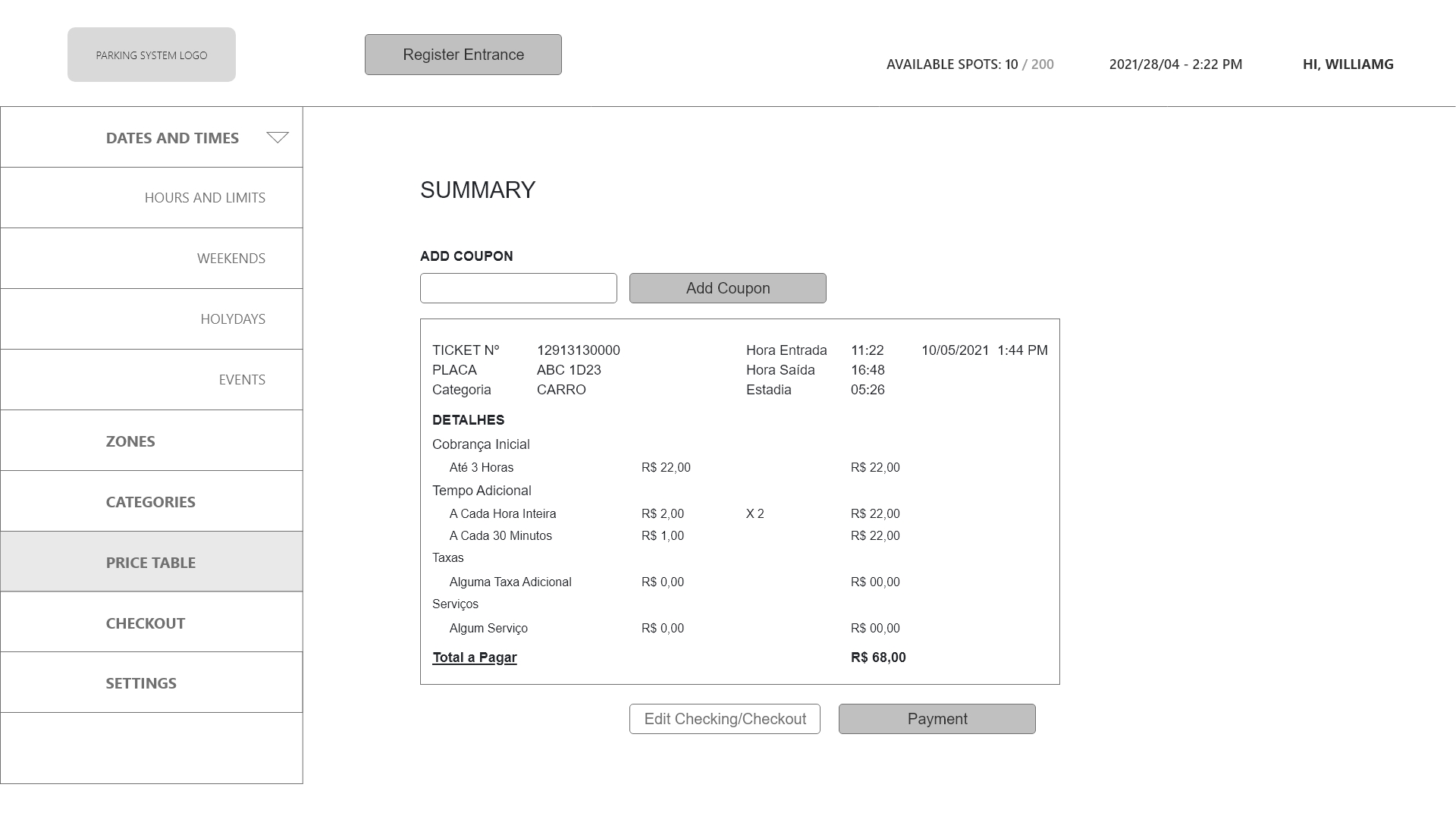 Parking Lot System Checkout Summary screen wireframe