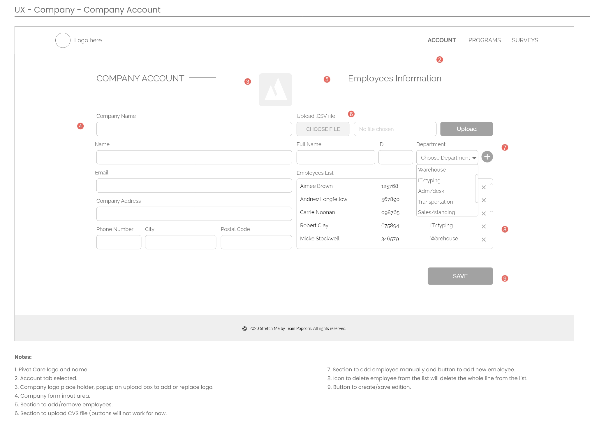 Pivot Care wireframe for company account