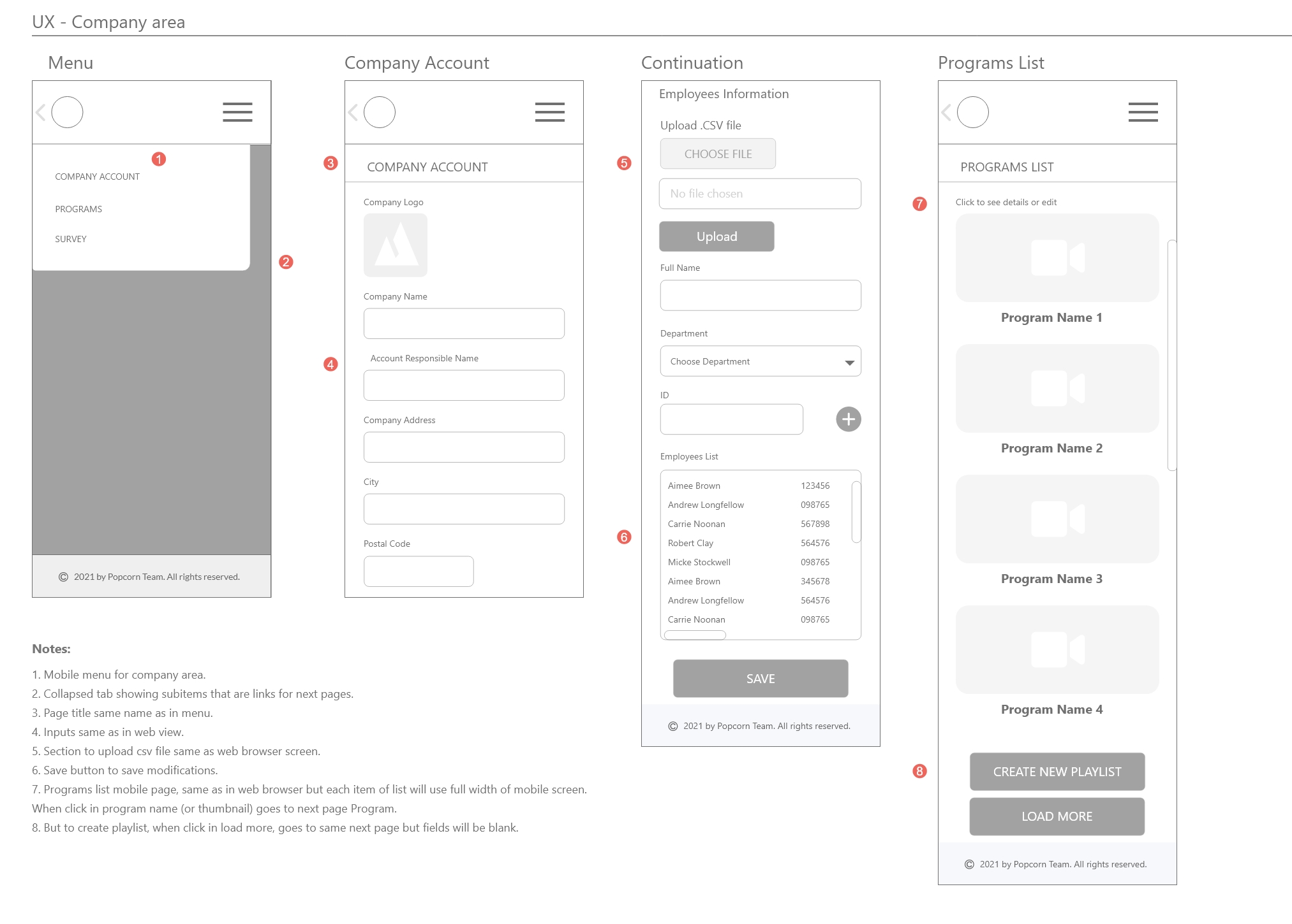 Pivot Care wireframe for company account and program setting in mobile size