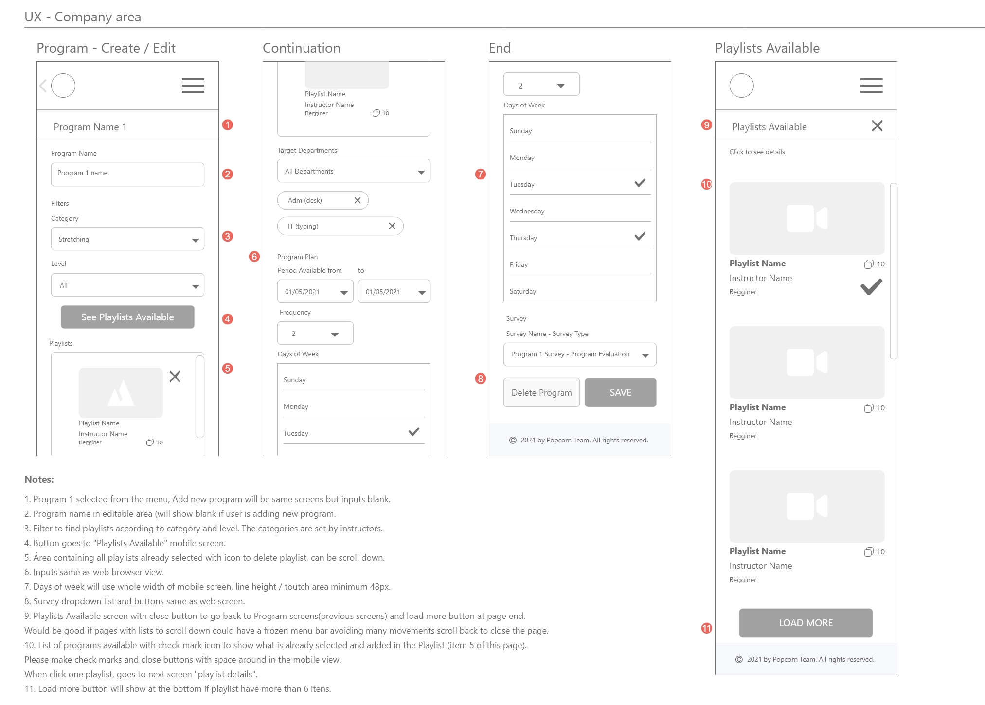 Pivot Care wireframe for company account and program setting in mobile size