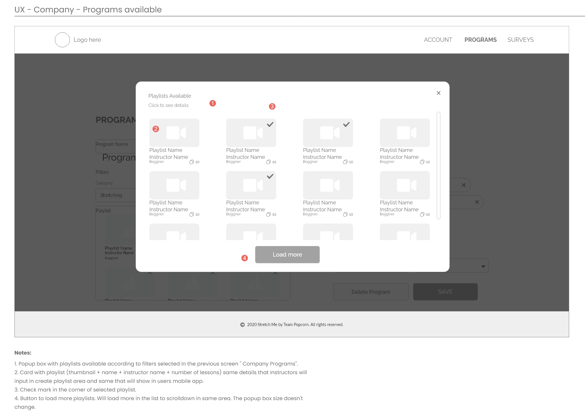 Pivot Care wireframe for selecting playlist to build a program