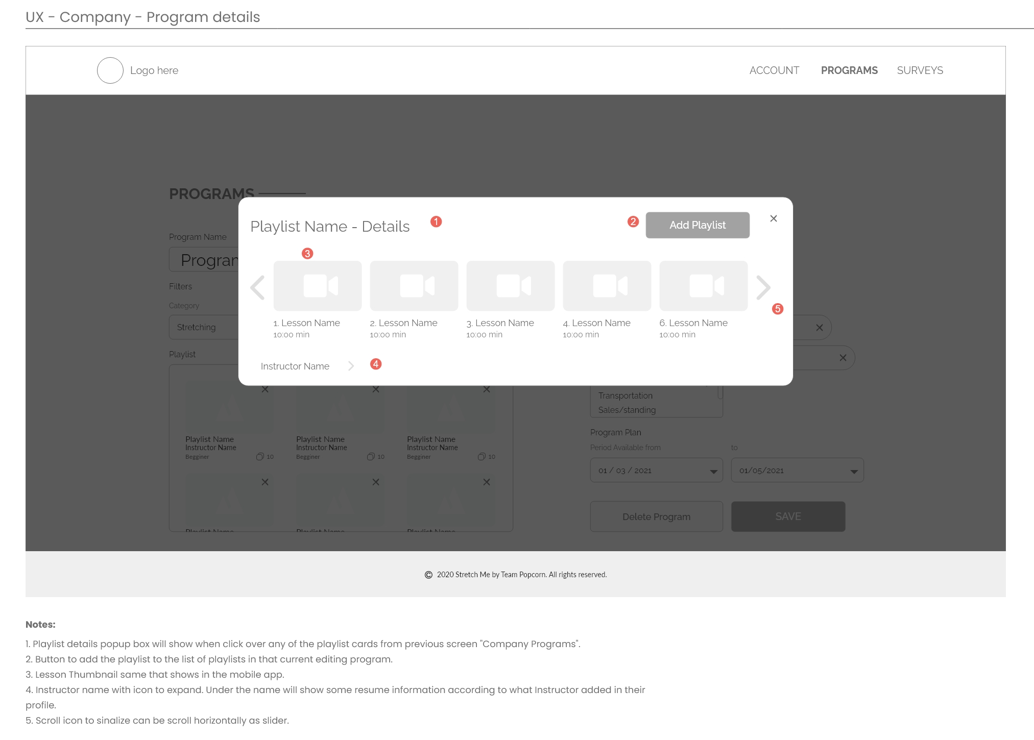Pivot Care wireframe for checking playlist details while select to build program
